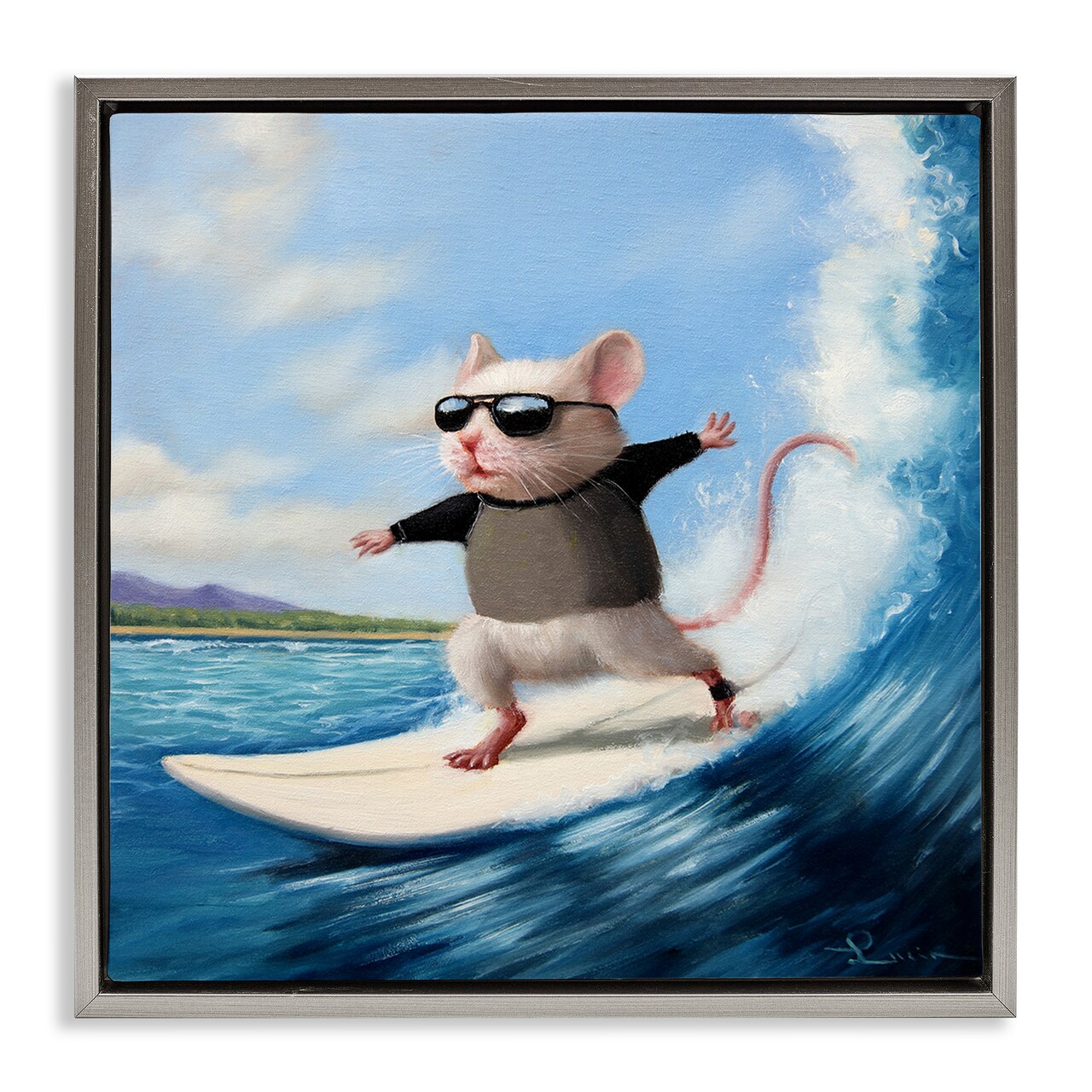 Stupell Industries Cool Surfer Mouse Blue Ocean Waves Framed Floater Canvas Wall Art